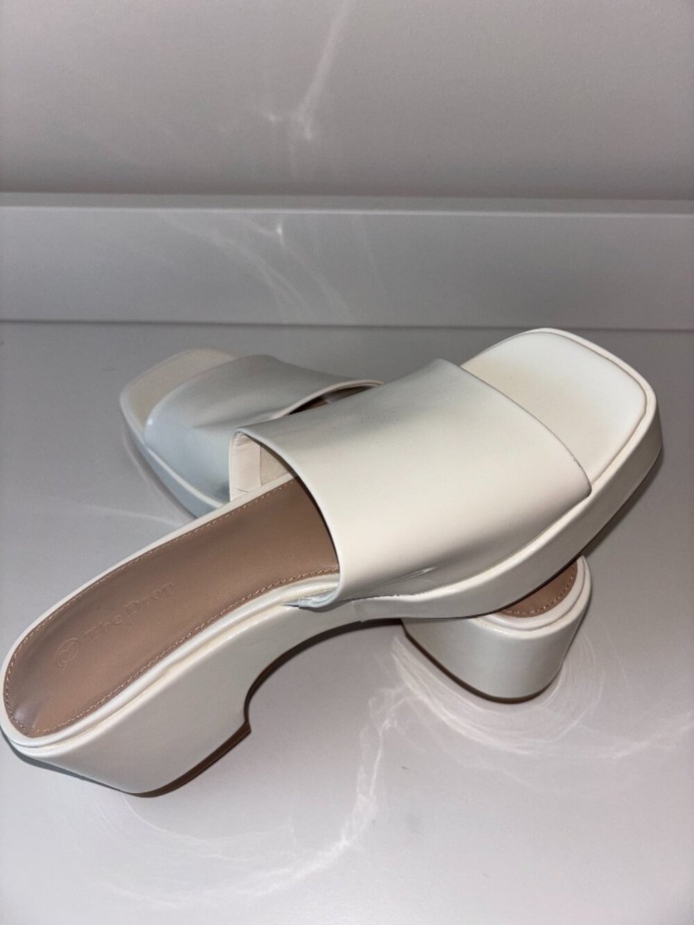 Drop White Square Toe Slide Sandals Block Heel Size 10